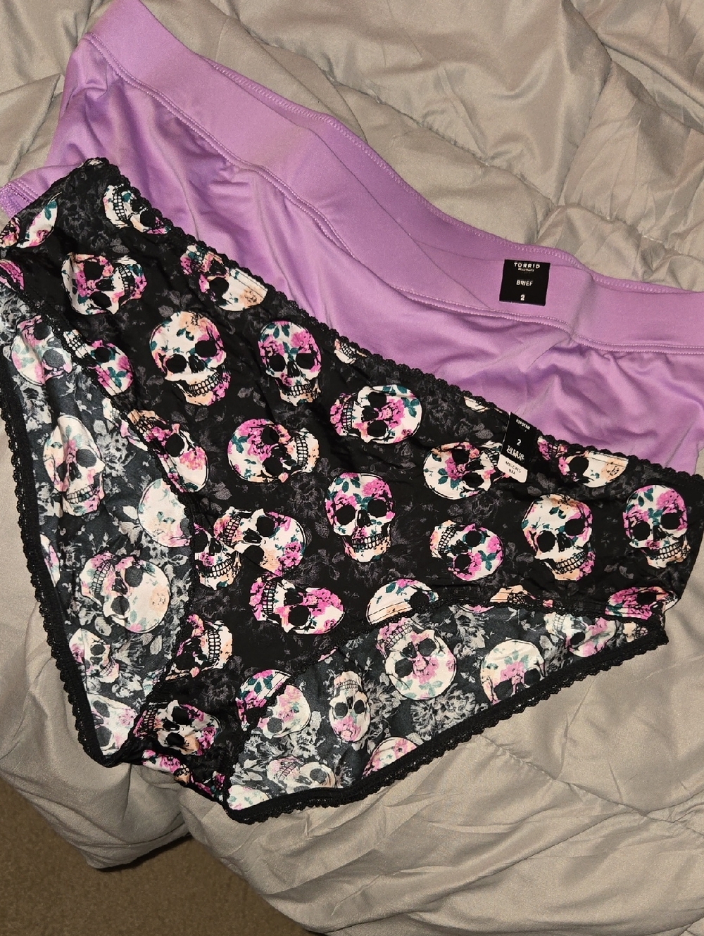 2 Pairs, New Torrid Curve Black Floral Skull Lace And Purple Briefs
